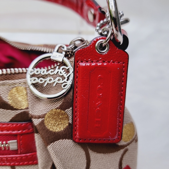 Coach Poppy Monogram Gold Sparkle Dots. Red Hearts &Trim Bag - Picture 3 of 16